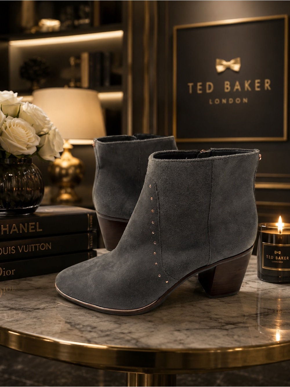 Ted Baker Takil Gray Suede Ankle Boots Rose Gold Studs Block Heel US 9.5 EU 40